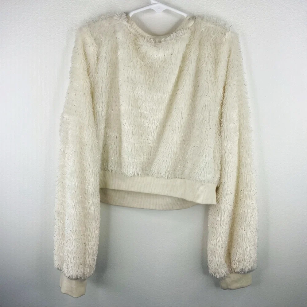 KNITWORKS Girls Kids Cream Glittery Furry Cropped Sweater soo Chic Size 12 - Picture 1 of 3